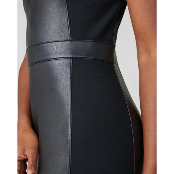 SPANX Black Leather Dress M Like Combo Fitted Delux Sheath Sleeveless 2039 - Picture 5 of 14